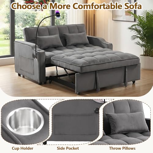 3 In 1 Velvet Convertible Sofa Bed, Pull Out Couch Bed with Reclining Backrest And 2 Pillows, 54" Full Size Loveseat Sleeper Sofa Futon Couch Bed, Couches For Small Spaces, Living Room (Dark Gray①) - color: Dark Gray①