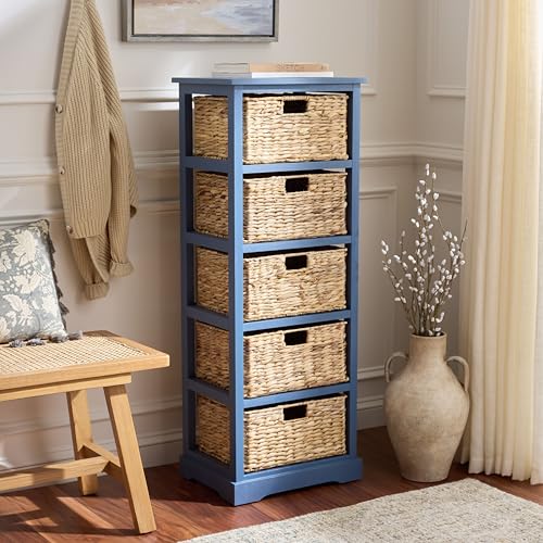 SAFAVIEH Furniture - Vedette 5-Basket Storage Tower - Blue - Solid Wood - Coastal Basket Tower Design - Ideal for Entryway, Living Room, 17.5" W x 13.5" D x 46" H - Fully Assembled (AMH5739H) - color: Blue