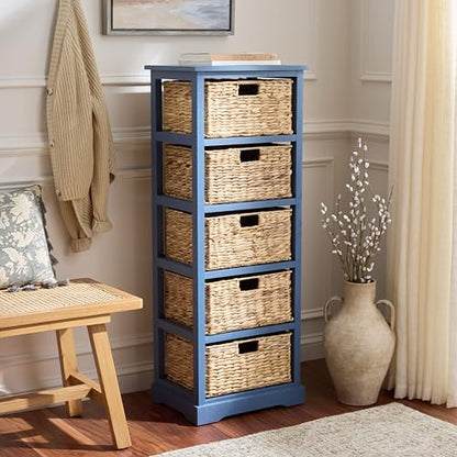 SAFAVIEH Furniture - Vedette 5-Basket Storage Tower - Blue - Solid Wood - Coastal Basket Tower Design - Ideal for Entryway, Living Room, 17.5" W x 13.5" D x 46" H - Fully Assembled (AMH5739H) - color: Blue
