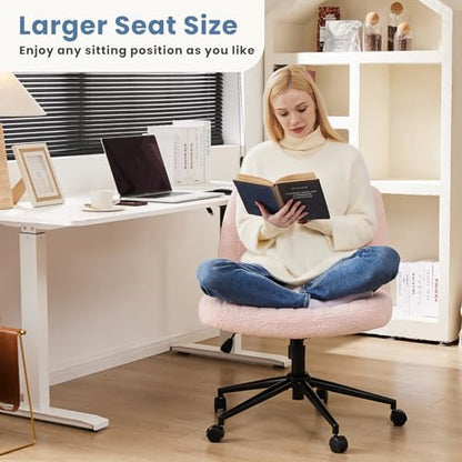 DUMOS Criss Cross Chair with Wheels, Wide Cross Legged Office Desk Vanity Chairs, Armless Height Adjustable Swivel Chairs for Home Computer Task, Teddy Fleece, Pink Wheel - color: Pink Wheel