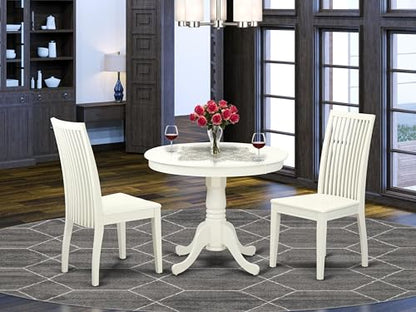 East West Furniture ANIP3-LWH-W 3 Piece Modern Dining Table Set Contains a Round Kitchen Table with Pedestal and 2 Dining Room Chairs, 36x36 Inch, Linen White - color: Anip3-lwh-w