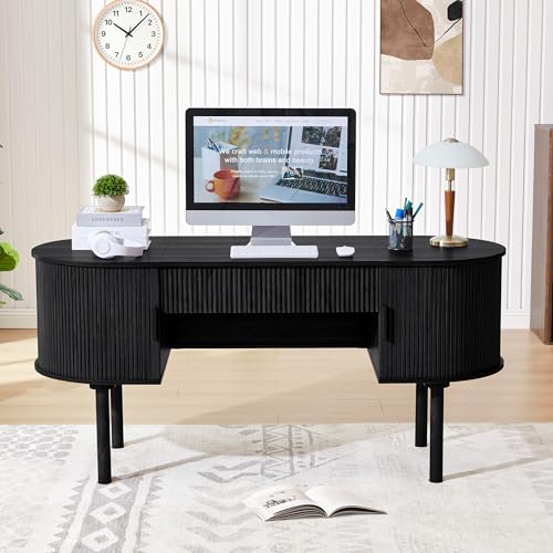 Home Office Oval Desk with Sliding Tambour Door and Drawer, Modern Fluted Wood Executive Computer Storage Desk for Study, Living Room, Bedroom, Office - Black - color: Black