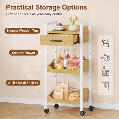 Hoctieon 3-Tier Rolling Storage Cart with Drawer, Rolling Utility Cart Organizer, Mobile Shelving Unit with Wheels, Metal Frame, Kitchen Utility Cart for Small Space, Office, Bathroom, Oak Beige - color: Oak Beige