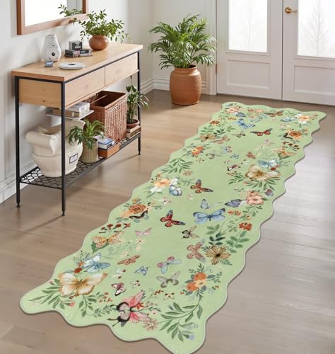 Washable Butterfly Scalloped Runner Rug, 2x6 Green Rug Runners for Hallways Soft Non-Slip Ultra Thin Long Kitchen Mat, Boho Floral Throw Carpet for Bathroom Laundry Entryway - color: Green Butterfly, size: 2' x 6'