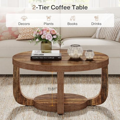 Tribesigns Round Coffee Table, 2-Tier Circle Coffee Table with Storage, Modern Wooden Accent Center Table for Living Room, Thick Tabletop & Base, Dark Brown - color: Brown