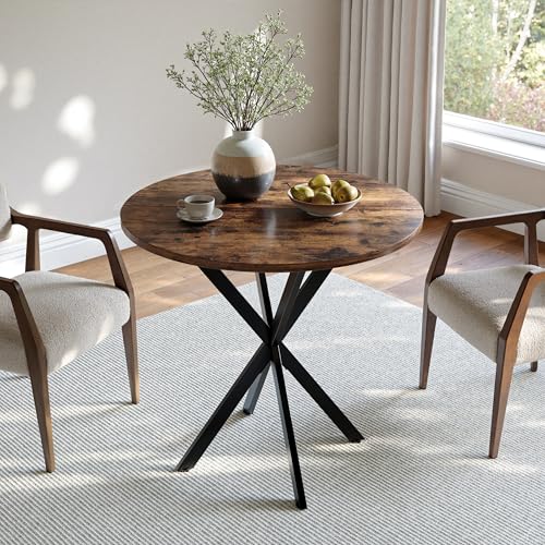 Unovivy 31.5" Small Round Dining Table for 2-4 Rustic Brown Dinner Table | Space Saving Circle Small Kitchen Table, Industrial Mid Century Modern Dining Room Desk for Kitchen, Apartment - color: Rustic Brown, style: Round
