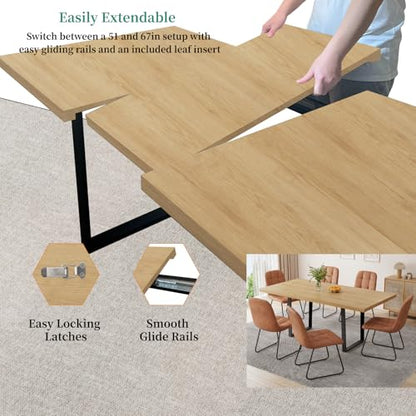 Mid-Century Extendable Dining Table Set, 51"-67", 6 Upholstered Chairs - color: Table With 6 Brown Chairs-b, size: 51"-67"