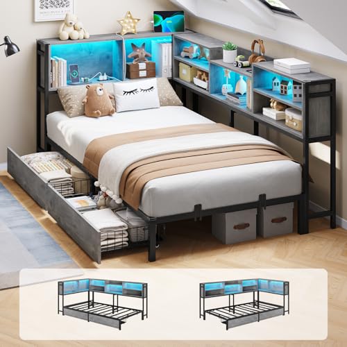 DICTAC Corner Twin Bed Frame with Bookcase Storage Headboard and Led Lights,Twin Size Metal Platform Corner Bed Frames with 2 Drawers and Charging Station,Twin Daybed for Kids and Teens,Oak Gray - color: Oak Gray, size: Twin