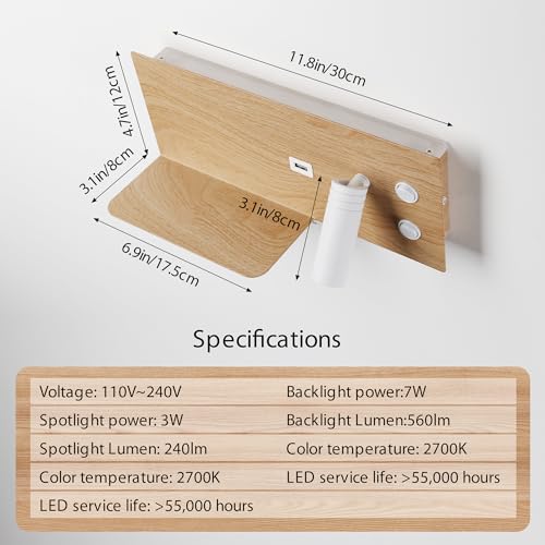 Modern LED Plug in Wall Sconce, Wall Light with Shelf and USB Charging Port, Rotatable Reading Spotlight & Soft Backlight, Plug-in or Hardwired Wall Lamp for Bedroom Bedside, Light Wood Grain Finish - size: 2-light Right Switch White