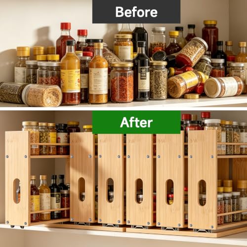 Bamboo Spice Rack Organizer for Cabinet, Pull Out Seasoning Rack Kitchen Spice Organizer, Sliding Spicy Shelf Pantry Countertop Vertical Organization, 3 Drawers, 3-Tier - size: 9.1" Wide, 3 Drawers(1.85" Wide), 2-Tier