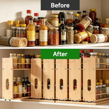 Bamboo Spice Rack Organizer for Cabinet, Pull Out Seasoning Rack Kitchen Spice Organizer, Sliding Spicy Shelf Pantry Countertop Vertical Organization, 3 Drawers, 3-Tier - size: 9.1" Wide, 3 Drawers(1.85" Wide), 2-Tier