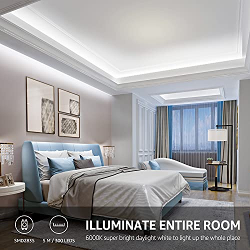 Lepro LED Strip Light White, 16.4ft Dimmable Vanity Lights, 6000K Super Bright LED Tape Lights, 300 LEDs 2835, Strong 3M Adhesive, Suitable for Home, Kitchen, Under Cabinet, Bedroom, Daylight White - size: 16.4 ft