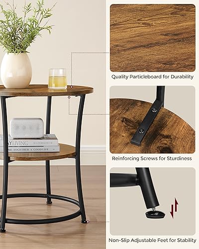 VASAGLE 21.7-Inch Round Side Table, 2-Tier End Table | Nightstand with Steel Frame, Spacious Top, for Small Spaces, Living Room, Bedroom, Rustic Brown and Ink Black ULET56BX - color: Rustic Brown + Ink Black, style: Without Power Strip