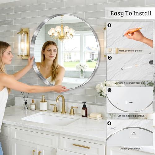 28-Inch Brushed Nickel Silver Wall Mounted Round Mirror, Glass Panel Circle Deep Set Design Stainless Steel Framed for Bathroom, Entryways, Living Rooms - size: 28"L x 28"W