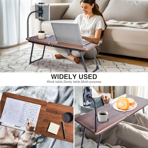 wishacc 28.7" Extra Wide Laptop Lap Desk for Bed and Sofa, Adjustable Bed Desk with Flexible Phone & Tablet Mount, Portable Black Lap Tray Table for Floor Couch Work, 2 Book Clips Included - size: Large