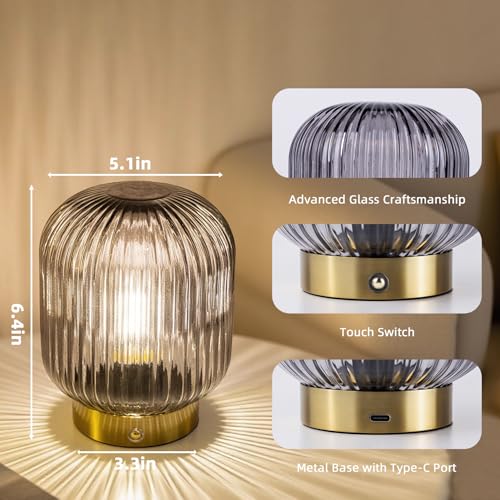 MJ PREMIER Rechargeable Table Lamp, Cordless Lamp with Memory Function,Gray | Small Glass LED Lamp with Dimmable Brightness, Decorative Touch Lamps for Bedroom Living Room