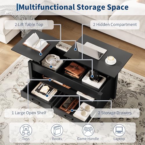 Multifunctional Lift Top Coffee Table, Convertible Wooden Coffee Table with 2 Drawers & Hidden Compartment, Storage Center Table for Living Room Home Office,Black - color: Black