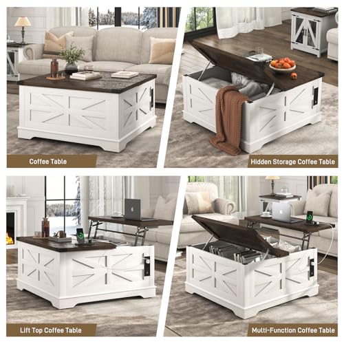Hlivelood 36" Farmhouse Movable Lift Top Coffee Table with Storage and Power Outlets, Square Wood Living Room Tables with Wheels&Large Hidden Space, Lift Wooden Barn Door Center Table, White - color: White