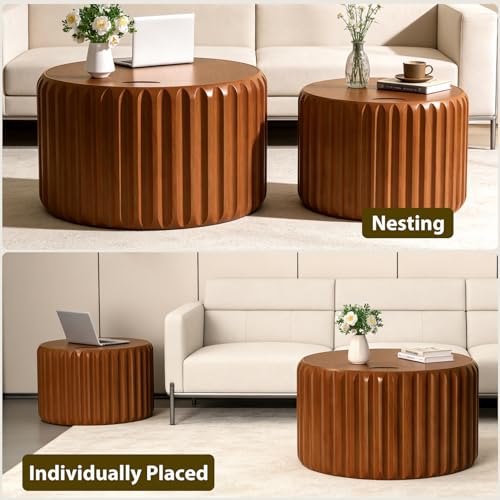 Round Nesting Coffee Tables Set of 2, Walnut | Hidden Storage, Solid Wood Fluted, No Assembly Required, Mid-Century Modern Stackable, For Living Room, Bedroom, Balcony - color: Walnut