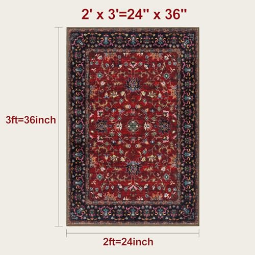 Oriental Red 2x3 Washable Rugs for Entryway, Non Slip Small Entry Rug | Vintage Floral Indoor Front Door Rug Mat, Soft Low Pile Small Carpet Throw Rugs for Entry Entrance Kitchen Bedroom Red Black - color: Floral/Red, size: 2' X 3' (Rectangular)