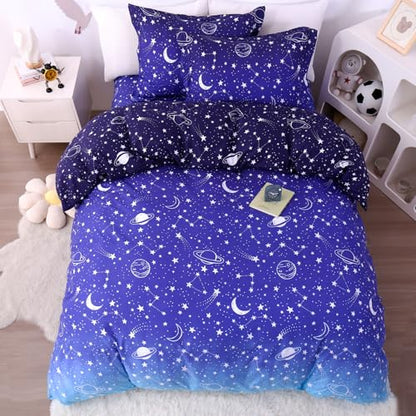 JSD Blue Stars Space Theme Kids Boys Duvet Cover Set Twin Size | 2 Piece Soft Printed Microfiber Duvet Cover with Pillow Sham Zipper Closure, Comforter Not Included, Oeko-Tex Certified - color: Blue Stars, size: Twin