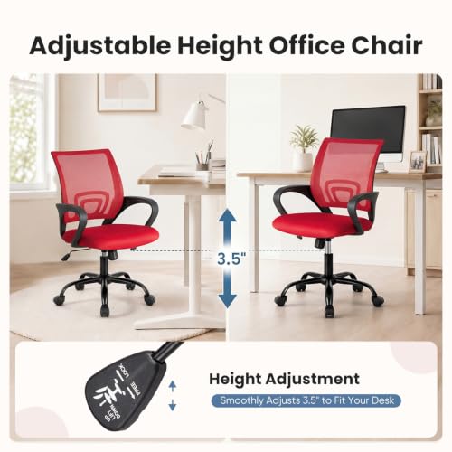 DUMOS Ergonomic Home Office Chair, Executive Mesh Desk Chair | Height Adjustable, Lumbar Support, Breathable Mid Backrest, Fixed Armrest, Rolling Wheels, Computer Gaming, Meeting, Red - color: Red