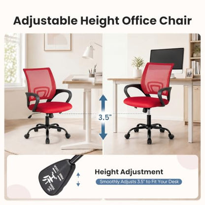 DUMOS Ergonomic Home Office Chair, Executive Mesh Desk Chair | Height Adjustable, Lumbar Support, Breathable Mid Backrest, Fixed Armrest, Rolling Wheels, Computer Gaming, Meeting, Red - color: Red