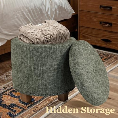 HomePop 18.5" Round Storage Ottoman with Nailheads - Green Clover Fabric - color: Green Clover Fabric