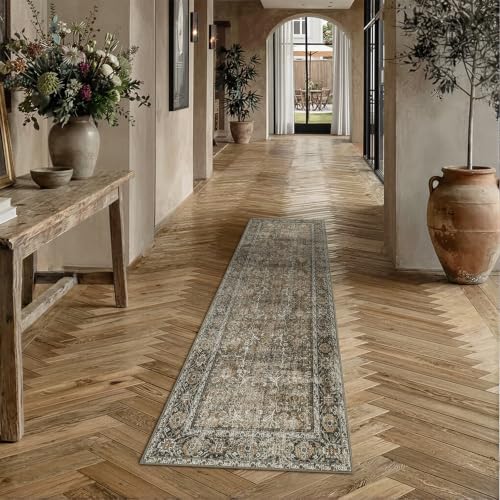 Brown Runner Rug 2x6 Vintage Traditional Distressed | Washable, Non Slip, Soft Low Pile, Hallway Carpet for Kitchen, Entryway, Laundry Room, Farmhouse Decor - color: Accent Brown, size: 2' x 6' (Runner)
