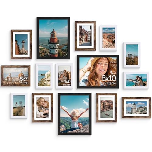 Vittanly 15 Pack Gallery Wall Frame Set, Black, Brown, White | Picture Frames Collage Wall Decor: 3pcs 8x10, 6pcs 5x7, 6pcs 4x6. Picture Frame Set for Wall or Tabletop Display - color: Black & Brown & White