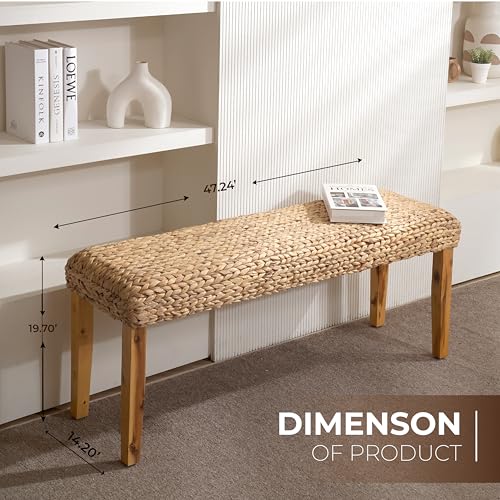 Solid Wood Acacia Indoor Bench, 47 Inch Water Hyacinth Seat, Fishbone Style | Natural Woven Seat, Living Room or Entryway, Bedroom End of Bed or Dining - color: Fishbone - Natural Leg & Water Hyacinth