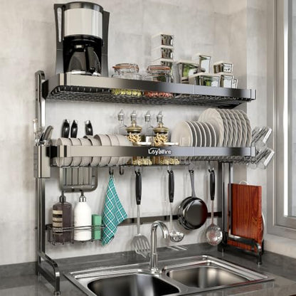 Loyalfire Over Sink Dish Drying Rack, 3 Tier Adjustable Length (20.87'' to 37.6'') Full Stainless Steel Large Storage Kitchen Dish Rack, Expandable Drainer Shelf Rack with Multifunctional Organizers - color: Black