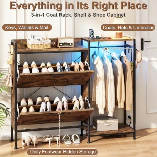 Shoe Cabinet with 2 Flip Drawers and Coat Rack, 41.3" W | Charging Station&LED Lights, 4 Side Hooks, Adjustable Shelves, Hidden Shoe Storage Cabinet, for Entryway, Hallway