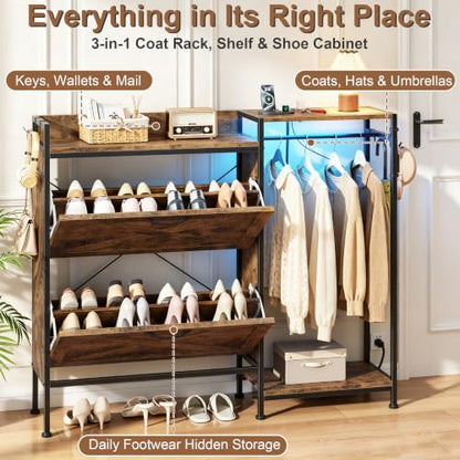 Shoe Cabinet with 2 Flip Drawers and Coat Rack, 41.3" W | Charging Station&LED Lights, 4 Side Hooks, Adjustable Shelves, Hidden Shoe Storage Cabinet, for Entryway, Hallway