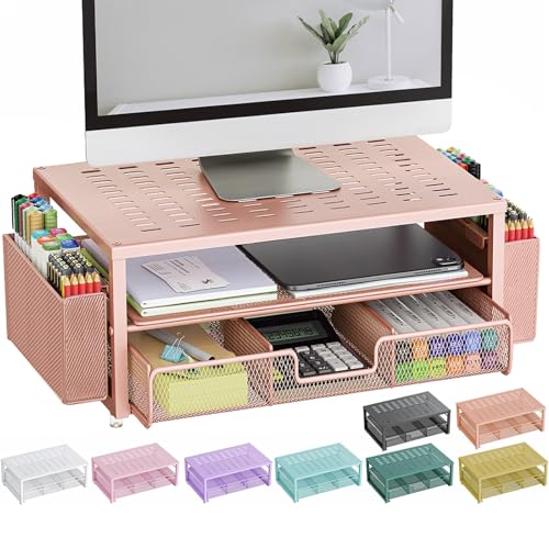 gianotter Desk Organizers and Accessories, Monitor Stand with Drawer and 2 Pen Holder, Desktop Organizer Suitable for Offices and Dormitories (Rose Gold) - color: Rose Gold-Ventilated