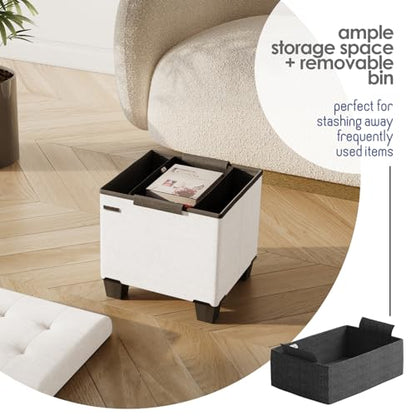 Storage Ottoman Cube with Small Bin, 15-in Square Ottoman with Storage for Living Room and Bedroom, Small Ottomans Foot Rest, Fabric Foot Stools Ottomans Max 330lbs, Cream - color: 09 - Cream
