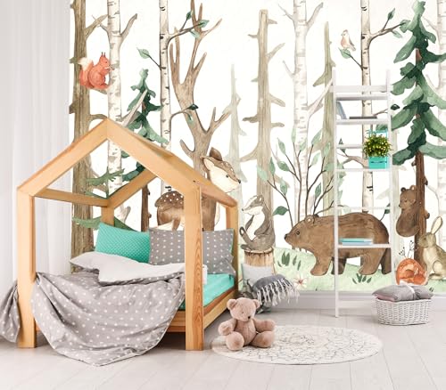 XMPMBM-Cartoon Hand-Painted Animals Woodland Nursery Room Fabric Wallpaper Graffiti Pine Forest Kids Gaming Room wall Mural-W 176" X H 113"（138 Square Foot） - color: X33, size: 176"x113"