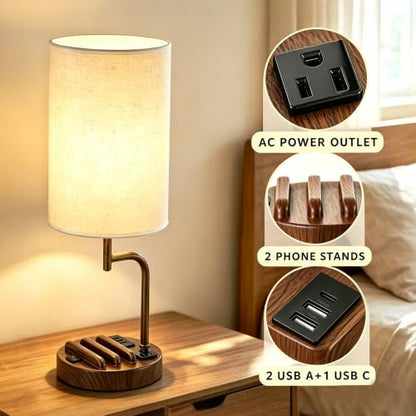 Dreamholder 2 Pack Table Lamp, Bedside Lamp with 3 USB Charging Ports & AC Outlet, USB Desk Lamp with 2 Phone Holders, Linen Fabric Shade Nightstand Lamps for Bedroom Living Room Office, Walnut - color: Walnut