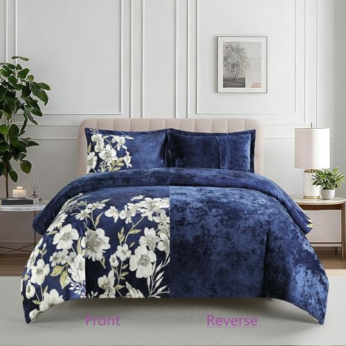 Sunshine Nicole Reversible Comforter Set, Printed Distressed Velvet Front and Sold Distressed Velvet Reverse, 3 Pieces Navy Blue Queen, with Soft Polyester Fill - color: Navy, size: Queen