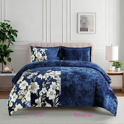 Sunshine Nicole Reversible Comforter Set, Printed Distressed Velvet Front and Sold Distressed Velvet Reverse, 3 Pieces Navy Blue Queen, with Soft Polyester Fill - color: Navy, size: Queen