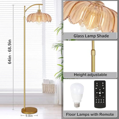 QIYIZM Glass Floor Lamp for Living Room,Bedroom,Gold Dimmable Standing Lamp with Remote,Mid Century Modern Brass Tall Lamp Boho Floor Lamps Arc Stained Flower Floor Light Lamp Bohemian - size: 35-Floor Lamp