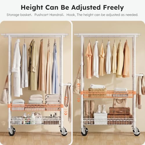 SOLEDI Heavy-Duty Clothes Rack, 1000 LBS clothing rack with wheels Load Capacity Double Rod Clothing Rack with Shelves & Lockable Wheels, Suitable for Bedroom, Entryway, Living Room & Garage (white) - color: White