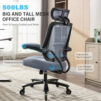 500lbs Big and Tall Office Chair - Heavy Duty Mesh Ergonomic Desk Chair with Headrest, High Back Computer Chair - Flip-up Armrests, Wide Thick Seat Cushion, Quiet Wheels, Grey - color: Grey With Headrest