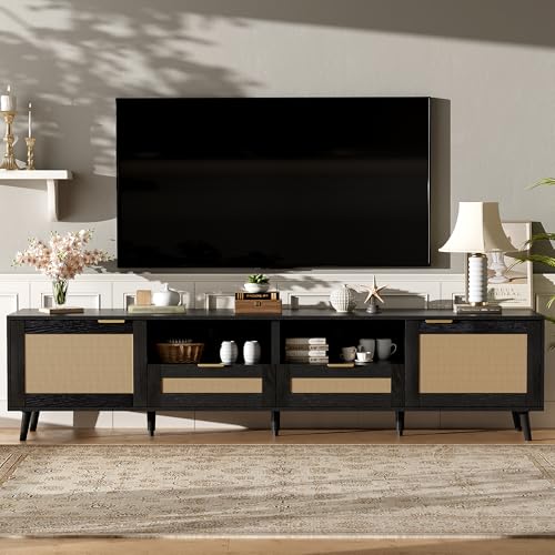 Modern Black Rattan TV Stand for 85 inch TV, 79 inch Farmhouse Media Console with Solid Wood Legs and Cable Management, Large Entertainment Center with Storage Cabinets for Living Room - color: Black