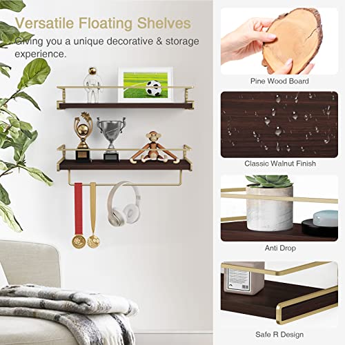 Floating Shelves Bathroom Shelves Over Toilet Set of 2, Bathroom Wall Shelves with Towel Bar, Wall Mounted Vanity Shelf for Bedroom, Kids Room, Kitchen (Brown & Gold) - color: 4. Brown-gold