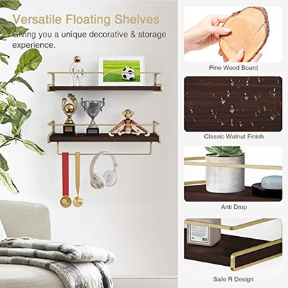 Floating Shelves Bathroom Shelves Over Toilet Set of 2, Bathroom Wall Shelves with Towel Bar, Wall Mounted Vanity Shelf for Bedroom, Kids Room, Kitchen (Brown & Gold) - color: 4. Brown-gold