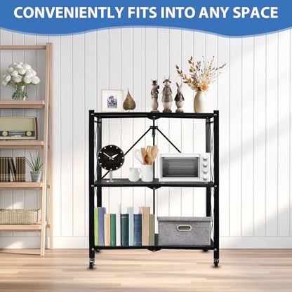 3-Tier Foldable Storage Shelf with Wheels, Metal Collapsible Shelving Unit, Rolling Utility Cart for Kitchen Pantry Closet Office, Pre-Assembled Storage Rack Organizer - size: 3-Tier