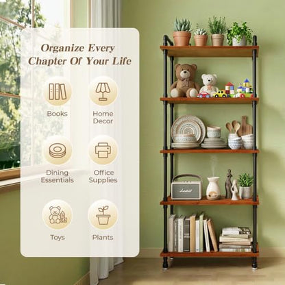 Industrial Bookshelf, Pipe Shelf Bookcase, 5 Tier, 30" Walnut | Solid pine shelves, 30 inch wide, black pipe frame, 35 lbs per shelf, open bookcase for books, plants, office - color: Walnut Brown, size: 30"L × 70"H