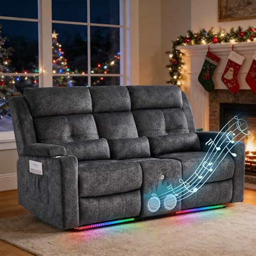 Power Reclining Sofa with 4 LED Lights, Bluetooth Speaker, Power Reclining Loveseat with Drop Down Table,Outlets, 3-Seater Recliner Sofa with Arm/Seat Storage(Grey, Loveseat with Console) - color: Grey, size: Loveseat with Console