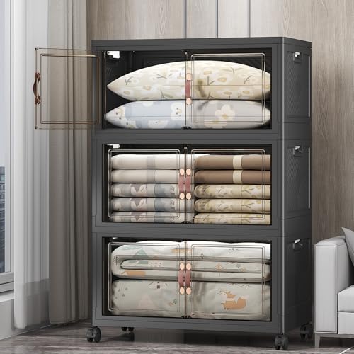 Stackable Storage Bins, 525QT Collapsible Drawers with 1 Lid | Large Capacity, Magnetic Door, Stack Lock, Rolling Wheels, Foldable Design, Organizers and Storage for Bedroom Dorm Garage - color: Dark-175QT, size: 3Pack with 1 top lid